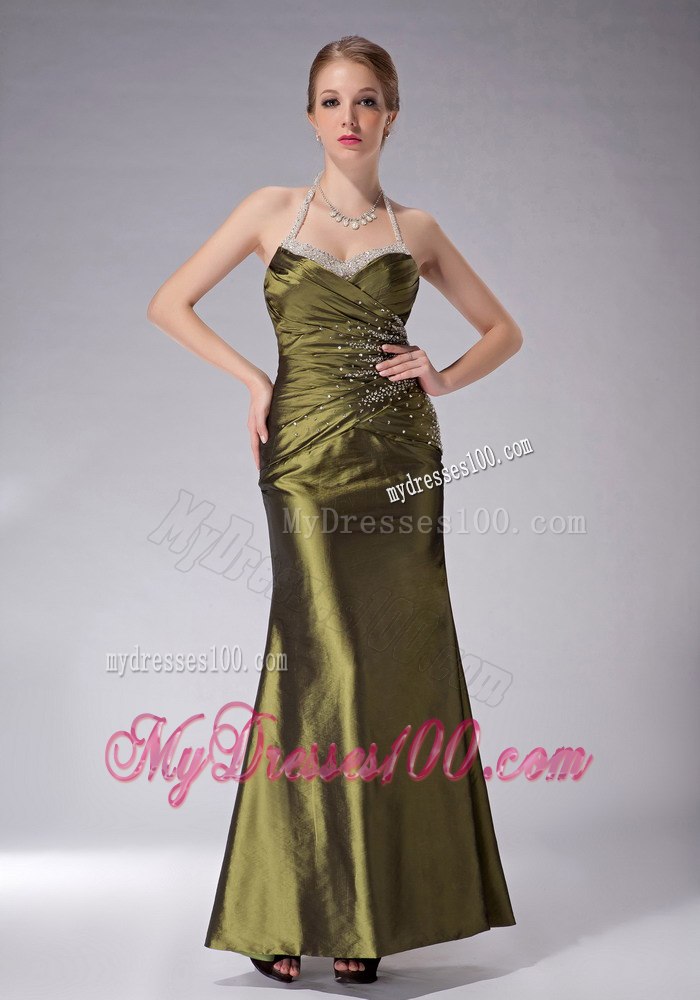 Beaded Haltered Ankle-length Mother Bride Dress in Olive Green