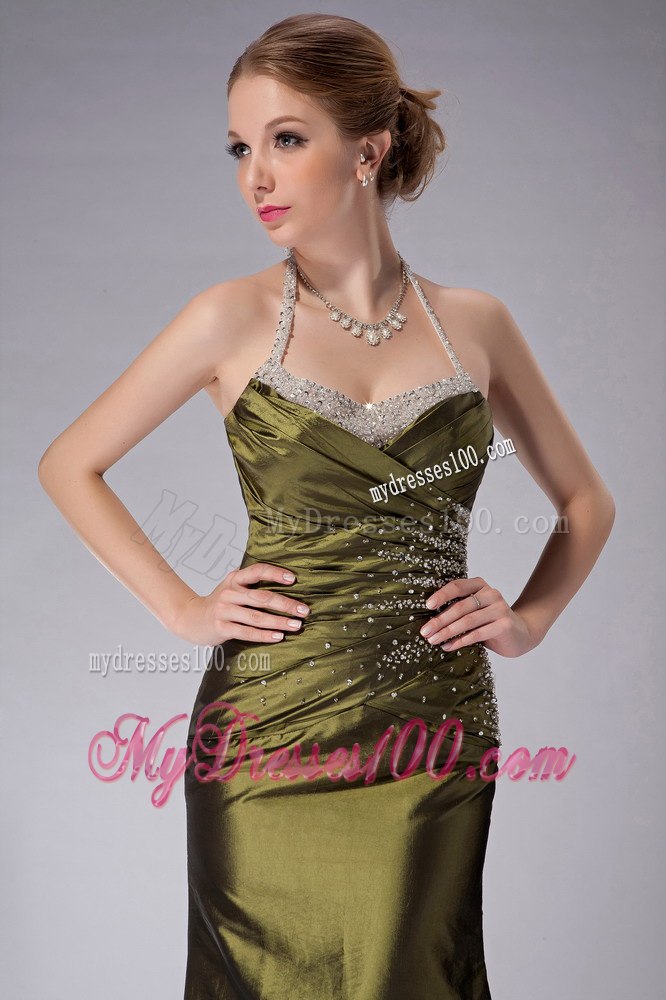 Beaded Haltered Ankle-length Mother Bride Dress in Olive Green