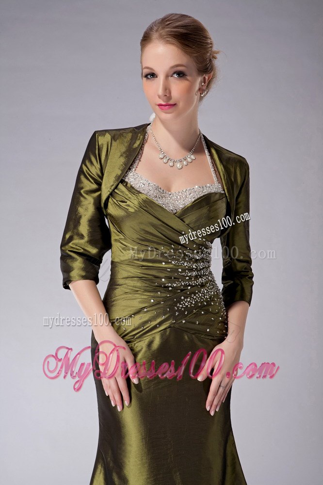 Beaded Haltered Ankle-length Mother Bride Dress in Olive Green