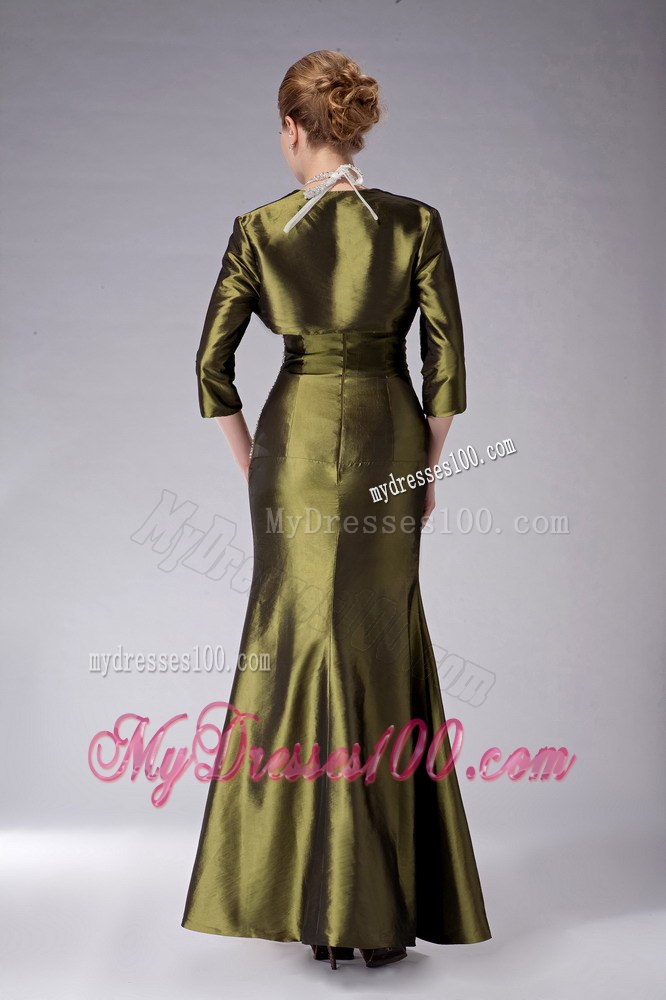 Beaded Haltered Ankle-length Mother Bride Dress in Olive Green