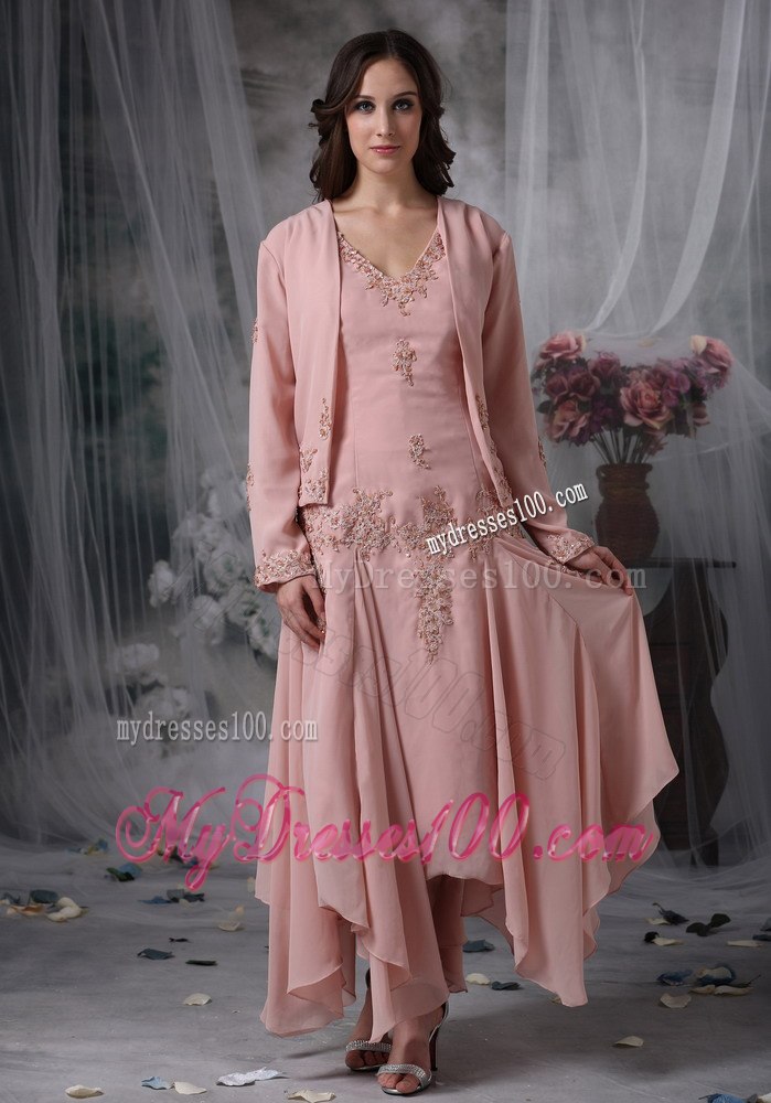 Handkerchief Hem Tea-length Mother Bride Dress in Pink with Appliques