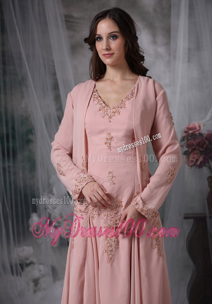 Handkerchief Hem Tea-length Mother Bride Dress in Pink with Appliques