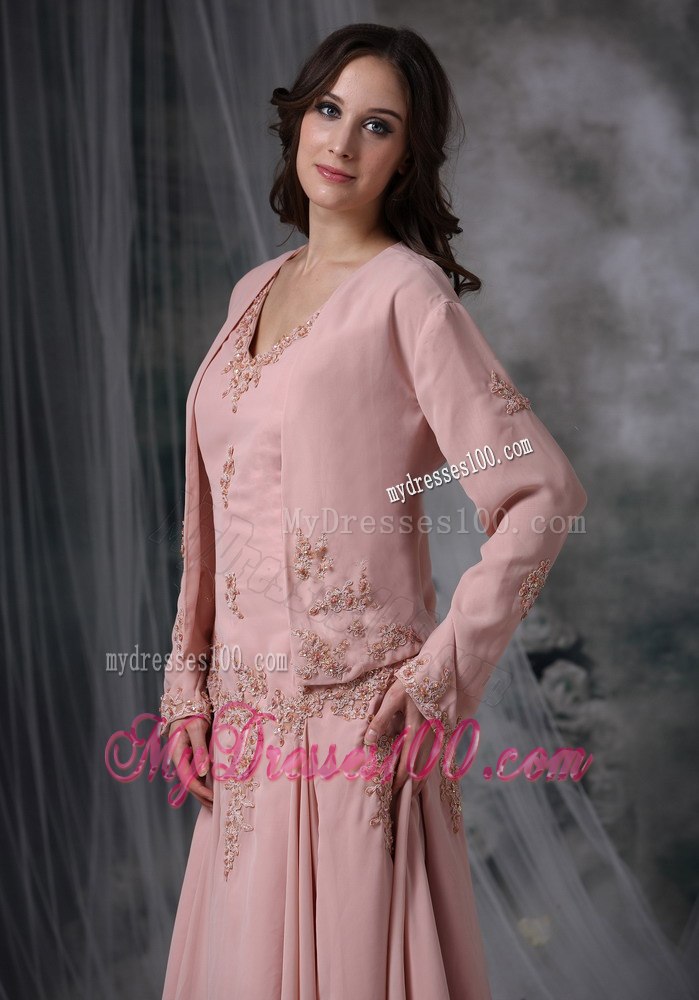 Handkerchief Hem Tea-length Mother Bride Dress in Pink with Appliques
