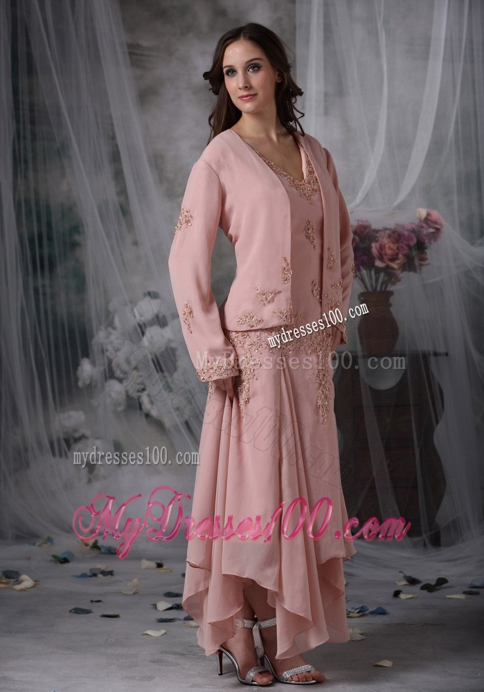 Handkerchief Hem Tea-length Mother Bride Dress in Pink with Appliques