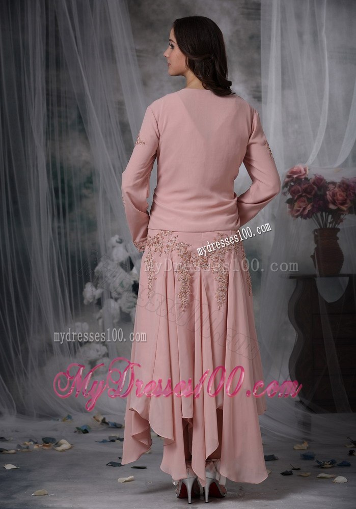 Handkerchief Hem Tea-length Mother Bride Dress in Pink with Appliques