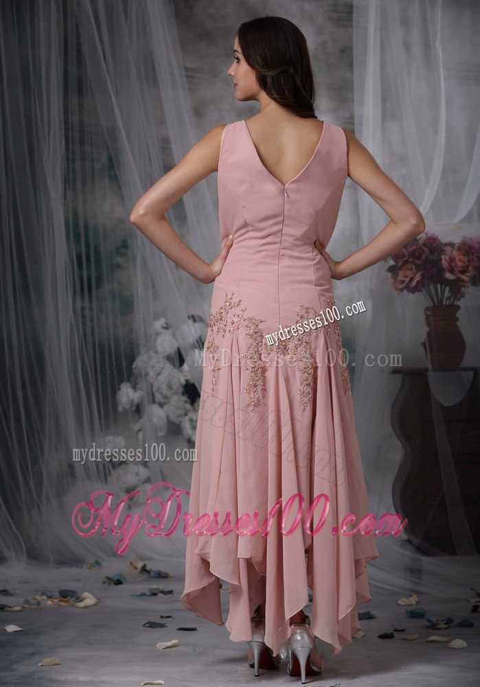 Handkerchief Hem Tea-length Mother Bride Dress in Pink with Appliques