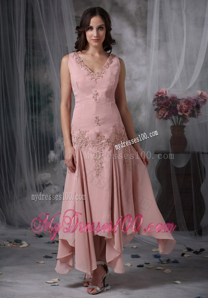 Handkerchief Hem Tea-length Mother Bride Dress in Pink with Appliques