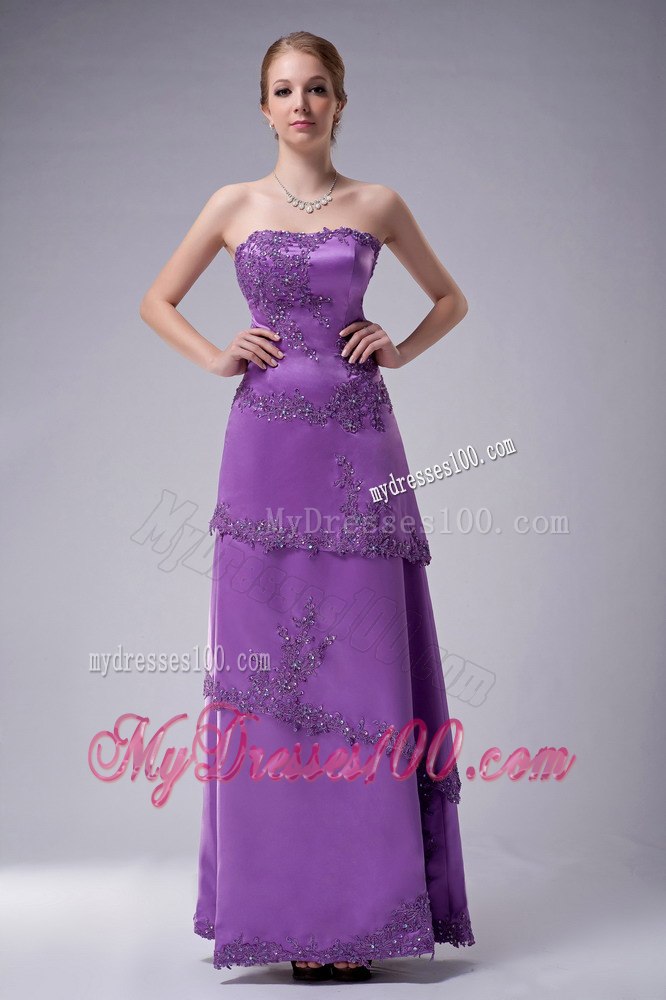 Purple Strapless Mother Of The Bride Dress with Layered Lace Hem