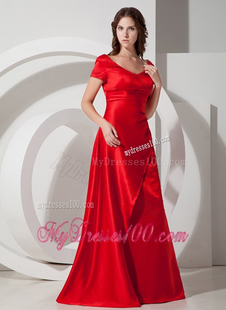 Red Scoop Neck Short Sleeves Mother In Law Dresses with Beads