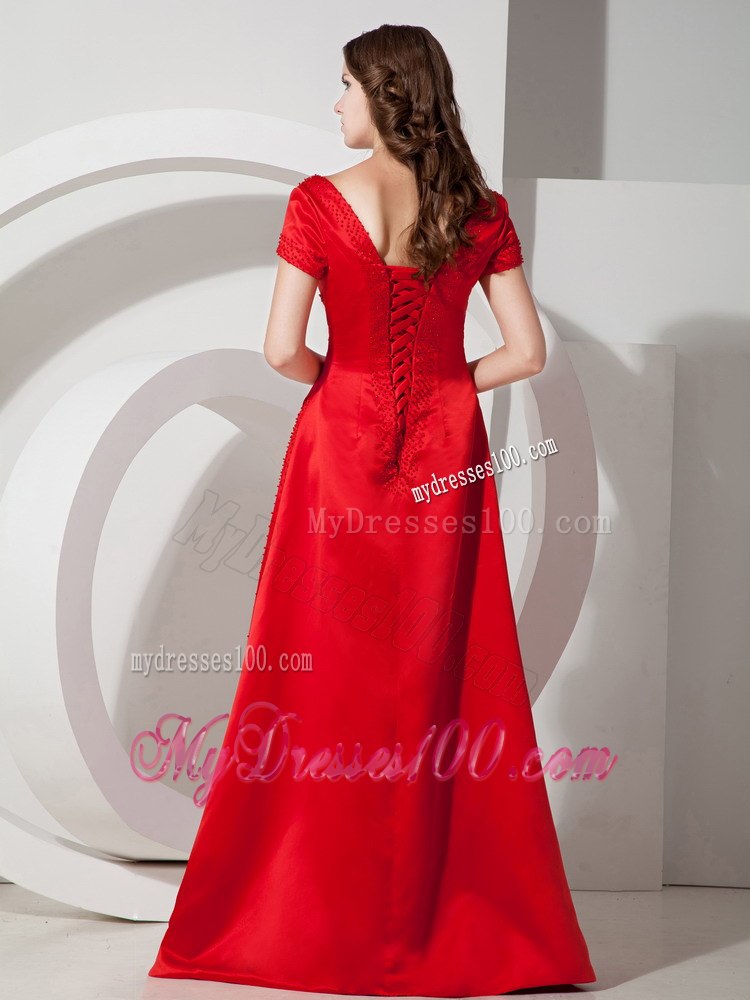 Red Scoop Neck Short Sleeves Mother In Law Dresses with Beads