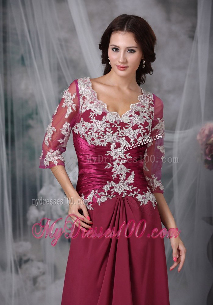 Applique Decorate Fushcia Mothers Dress with Sheer 1 2 Sleeves