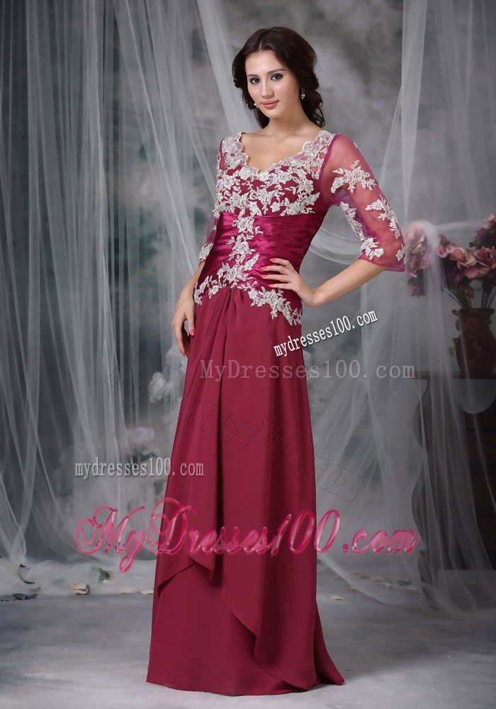 Applique Decorate Fushcia Mothers Dress with Sheer 1 2 Sleeves