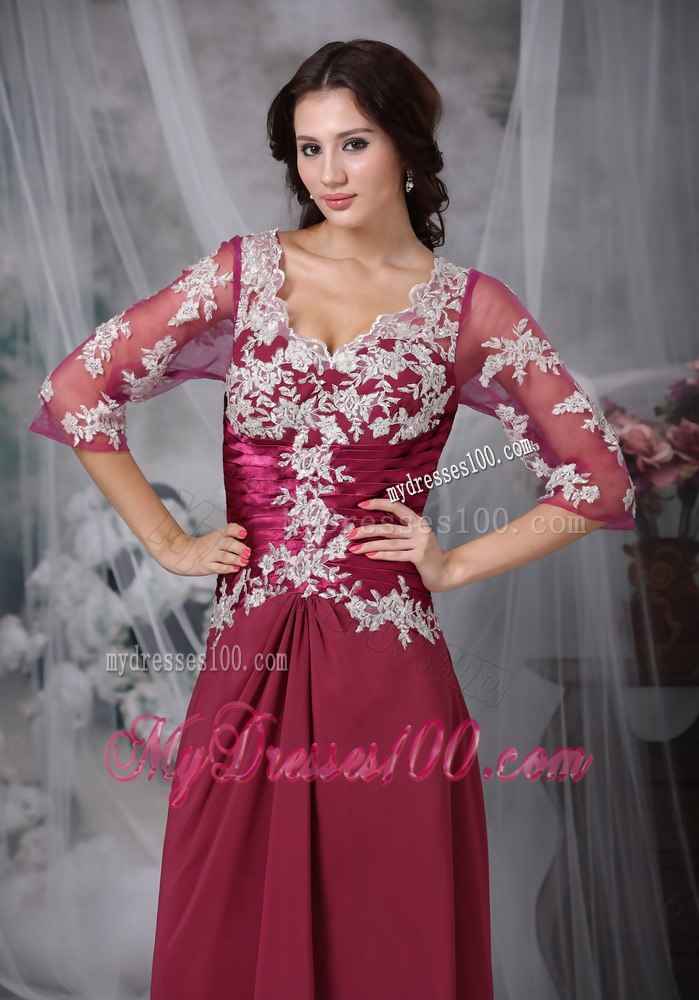 Applique Decorate Fushcia Mothers Dress with Sheer 1 2 Sleeves