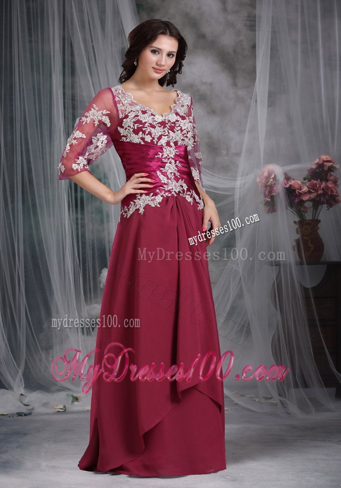Applique Decorate Fushcia Mothers Dress with Sheer 1 2 Sleeves