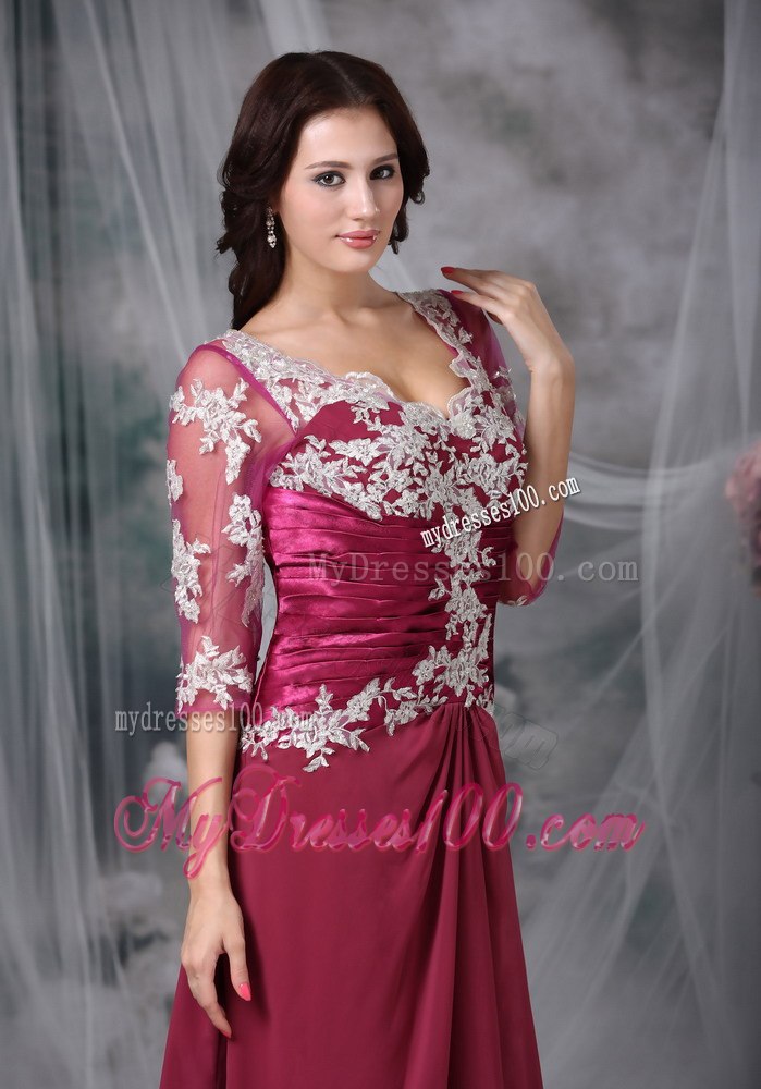 Applique Decorate Fushcia Mothers Dress with Sheer 1 2 Sleeves