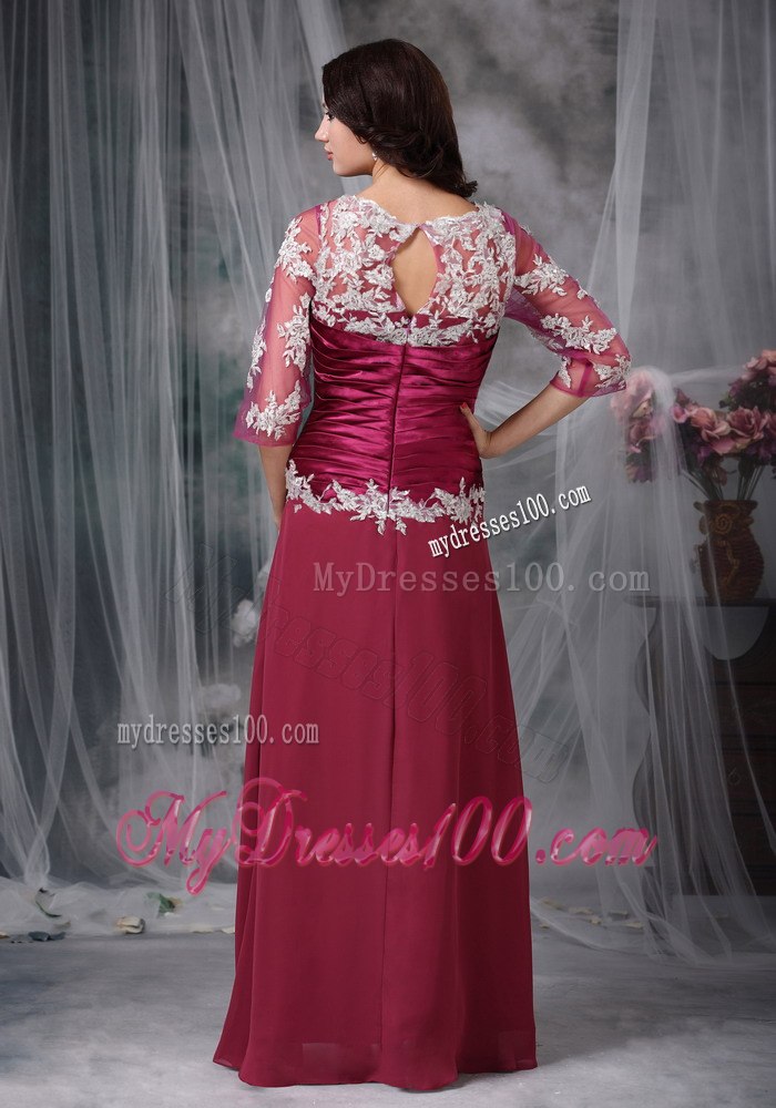 Applique Decorate Fushcia Mothers Dress with Sheer 1 2 Sleeves