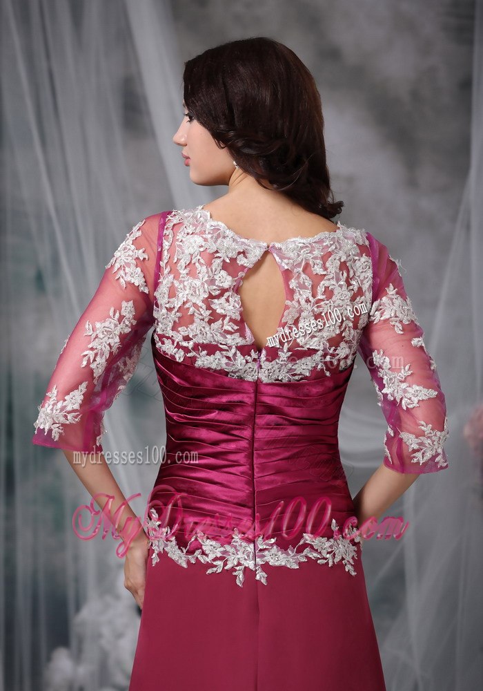 Applique Decorate Fushcia Mothers Dress with Sheer 1 2 Sleeves