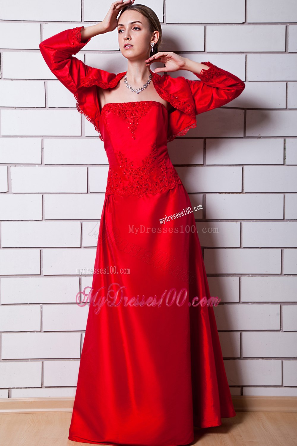 Bright Red Strapless Mothers Dress with long Sleeves Jacket