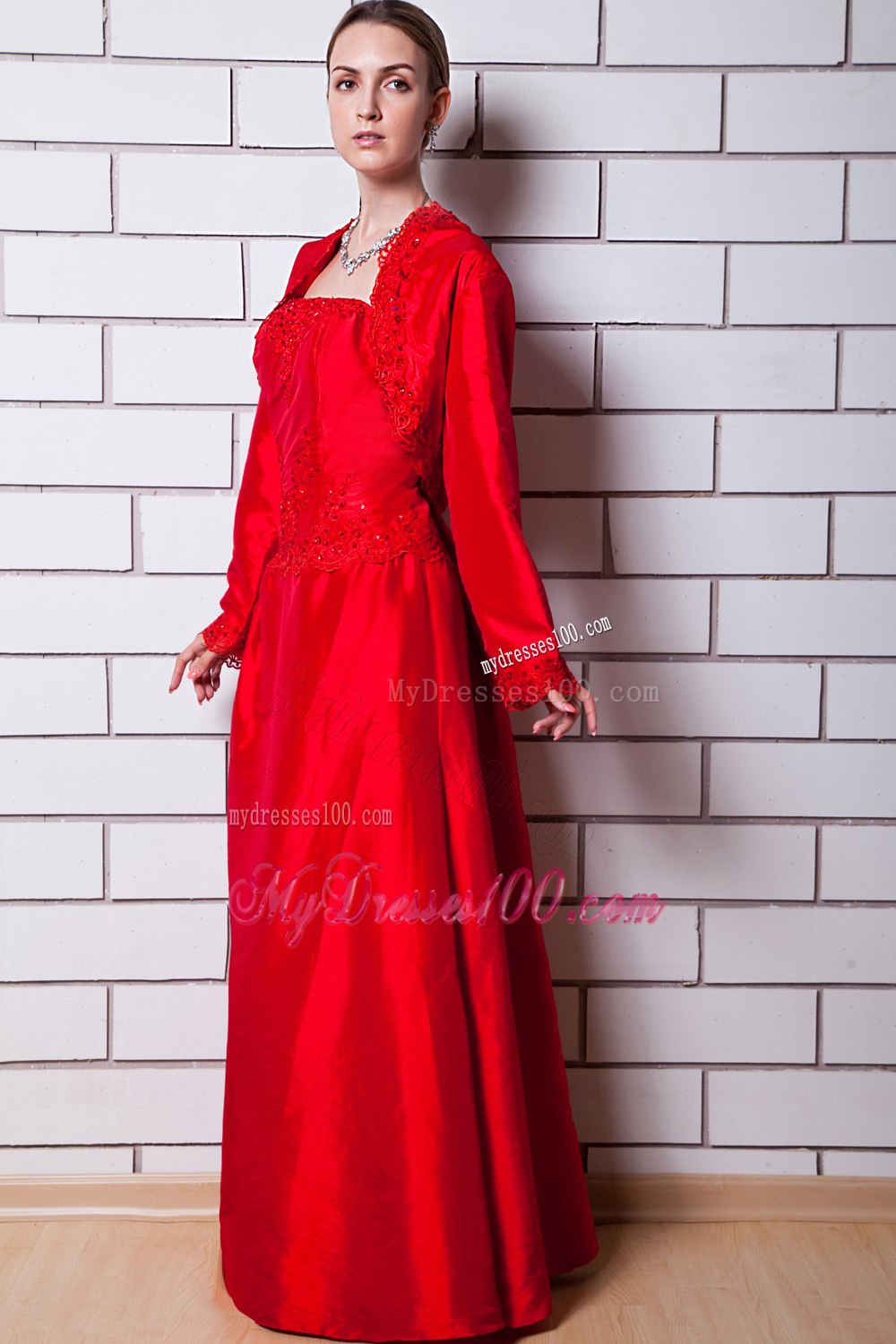 Bright Red Strapless Mothers Dress with long Sleeves Jacket