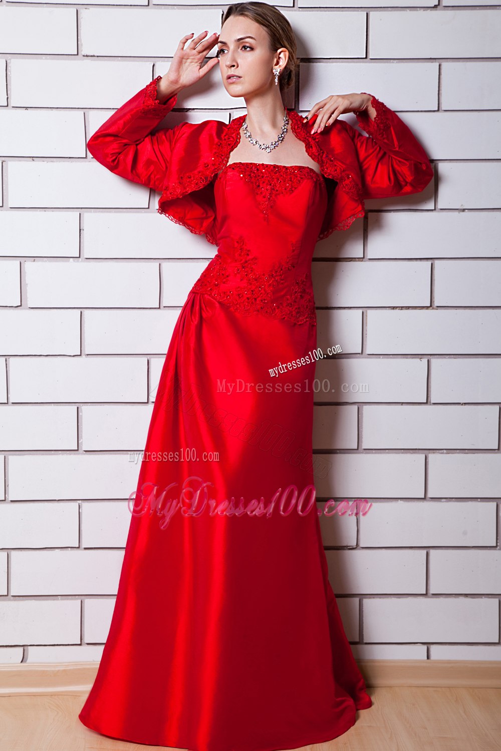 Bright Red Strapless Mothers Dress with long Sleeves Jacket