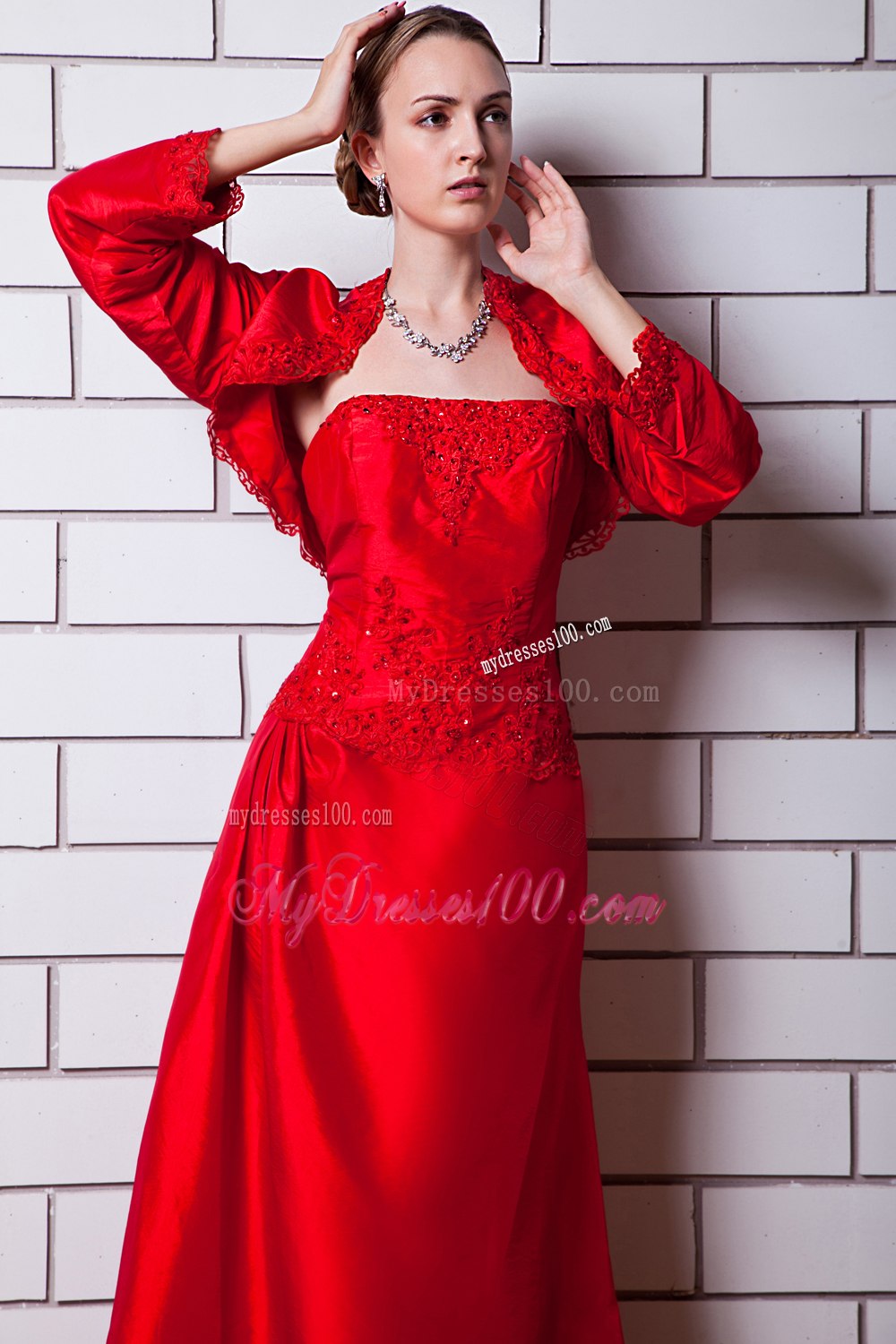 Bright Red Strapless Mothers Dress with long Sleeves Jacket