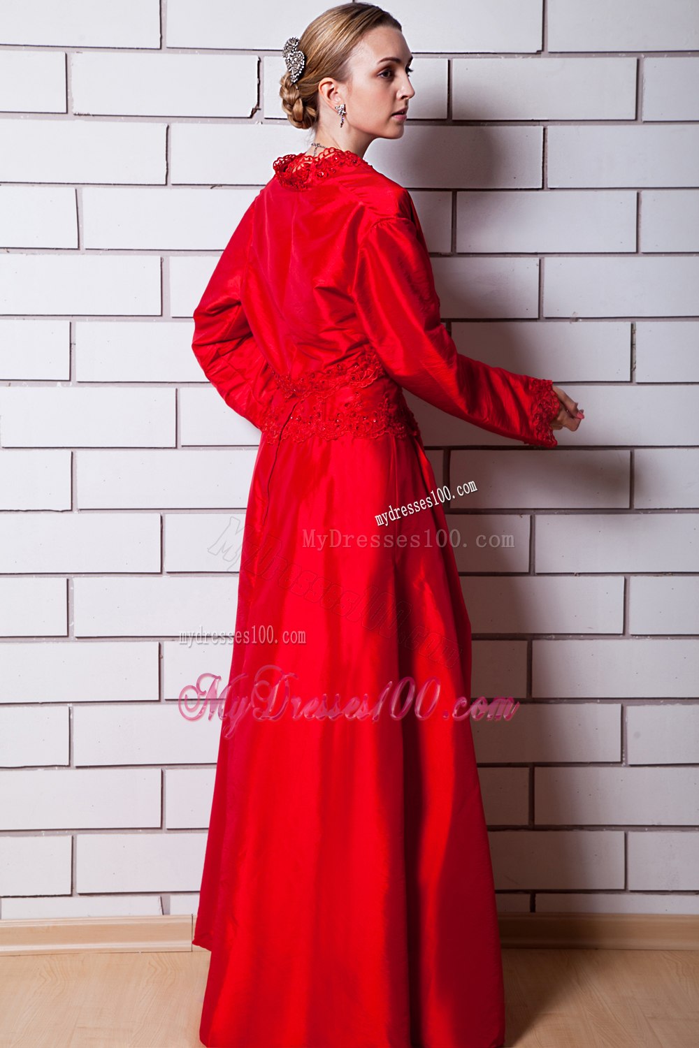 Bright Red Strapless Mothers Dress with long Sleeves Jacket