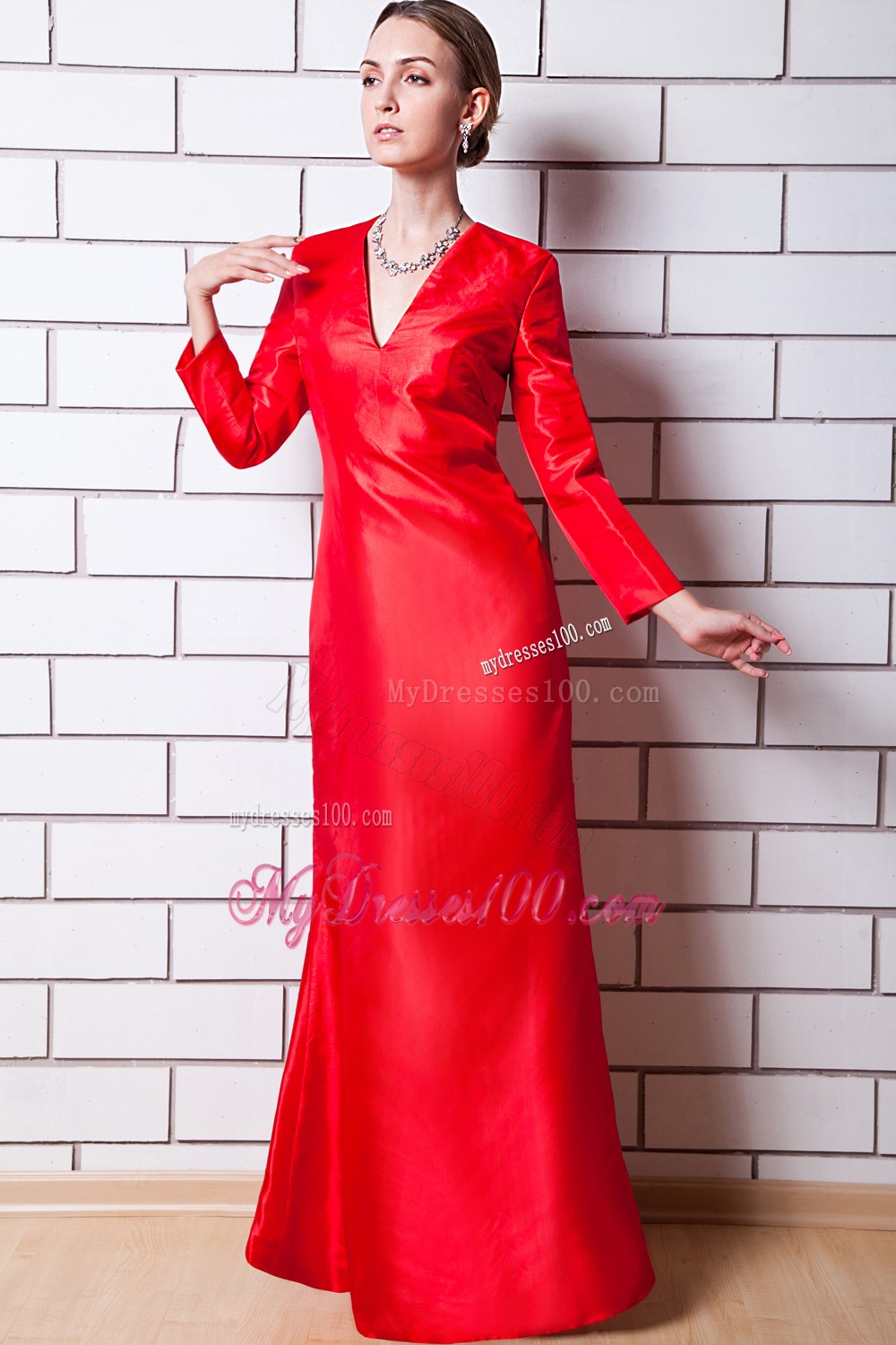Cheap 3 4 Sleeves V-neck Back Slit Mother Bride Dress in Red