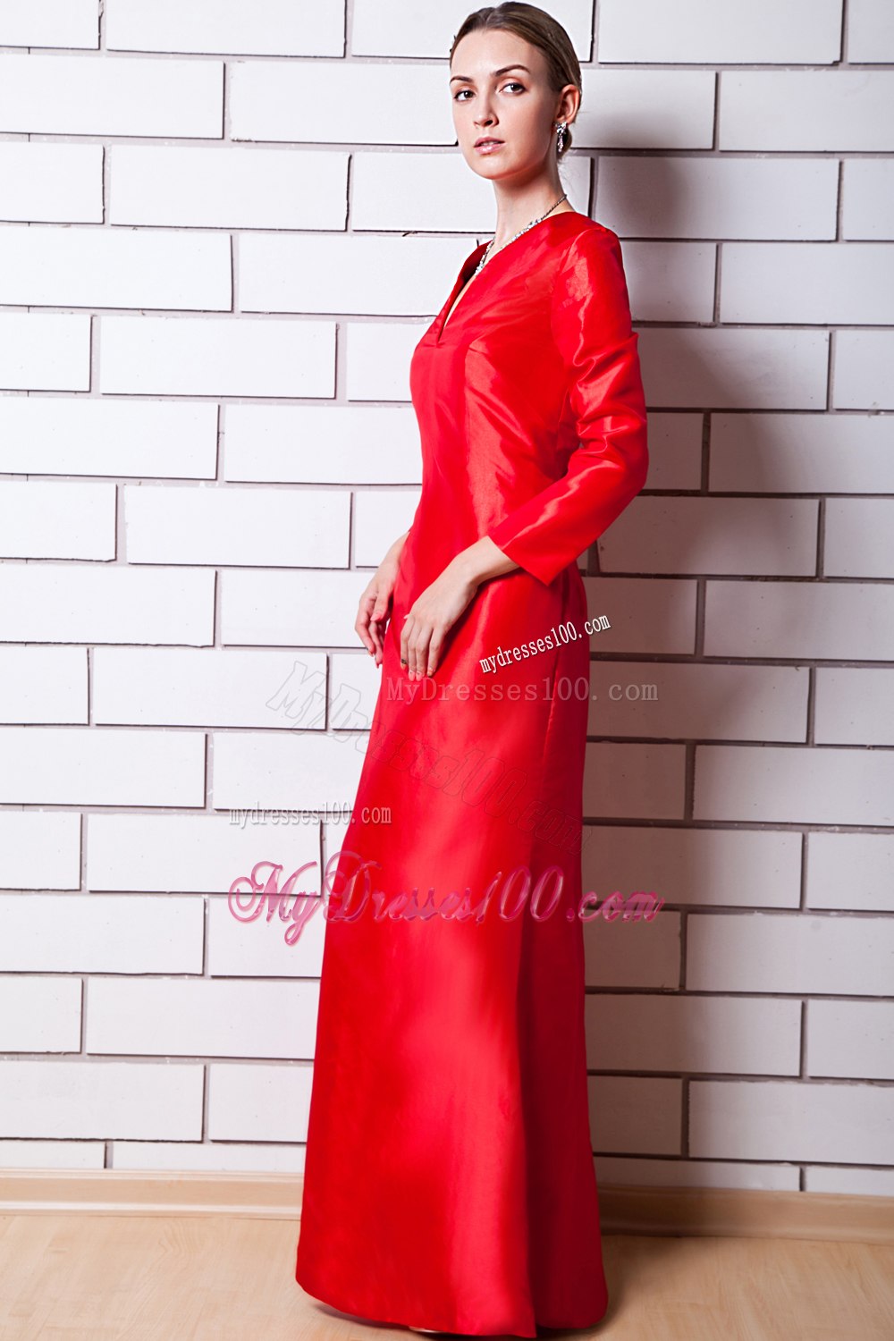 Cheap 3 4 Sleeves V-neck Back Slit Mother Bride Dress in Red