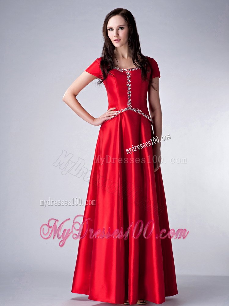 Sequins Decorate Bright Red Short Sleeves Mother Bride Dress