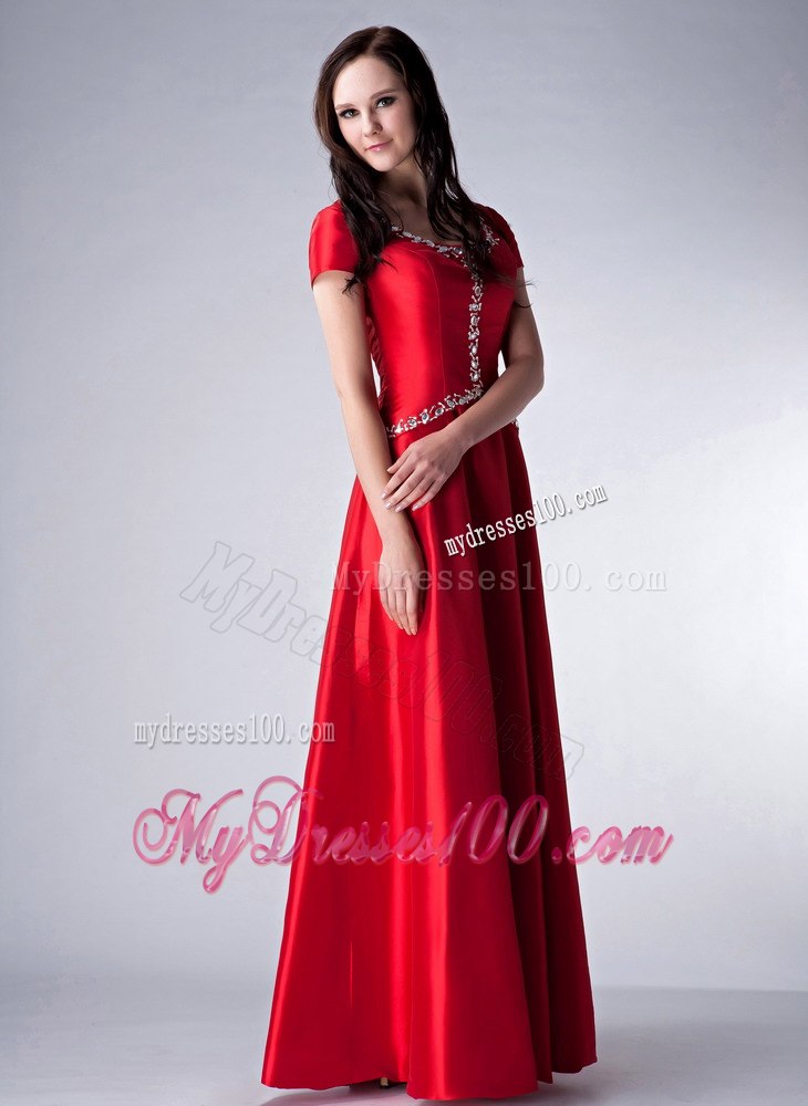 Sequins Decorate Bright Red Short Sleeves Mother Bride Dress