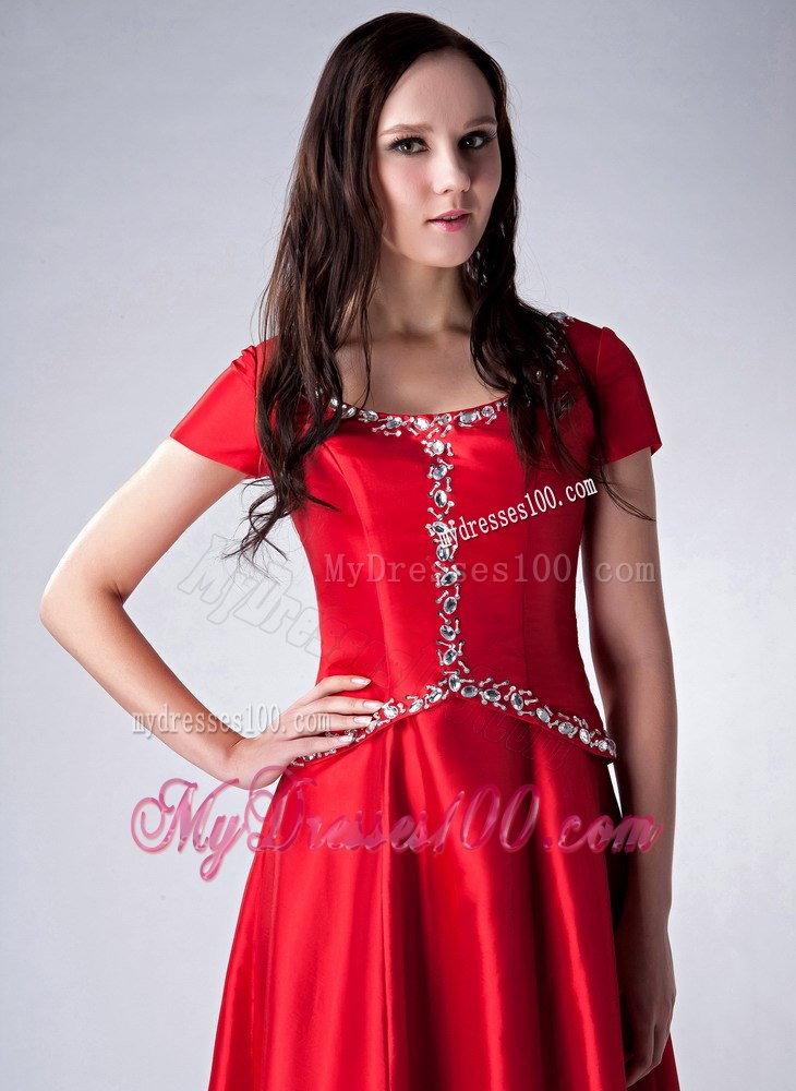 Sequins Decorate Bright Red Short Sleeves Mother Bride Dress