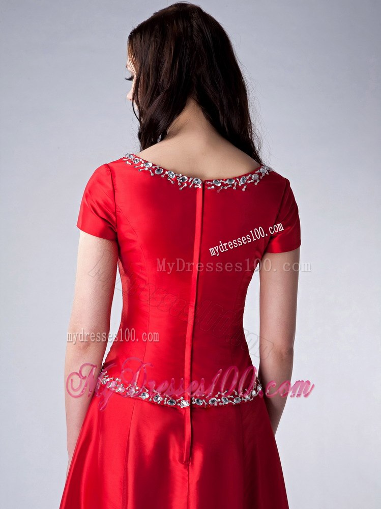 Sequins Decorate Bright Red Short Sleeves Mother Bride Dress