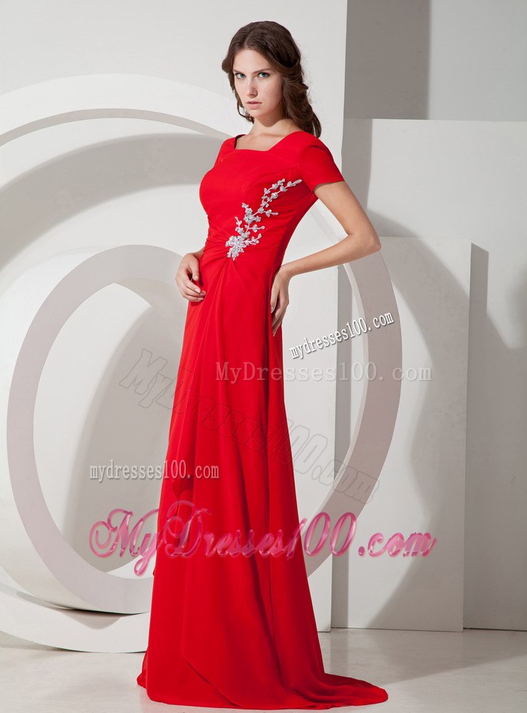 Square Neck Short Sleeves Red Mother Bride Dress with Appliques