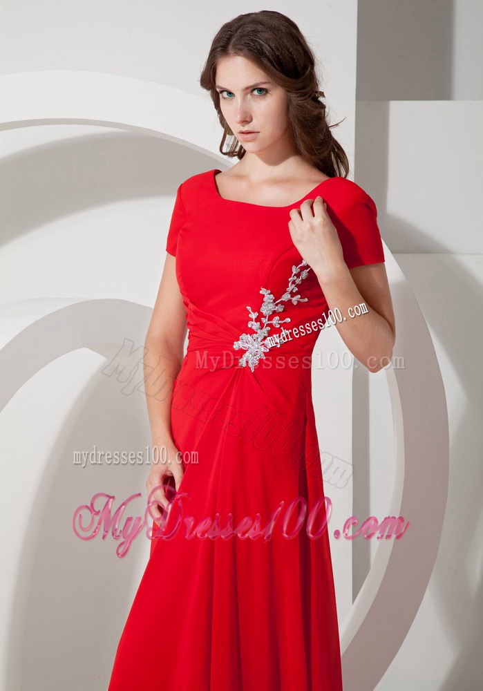 Square Neck Short Sleeves Red Mother Bride Dress with Appliques