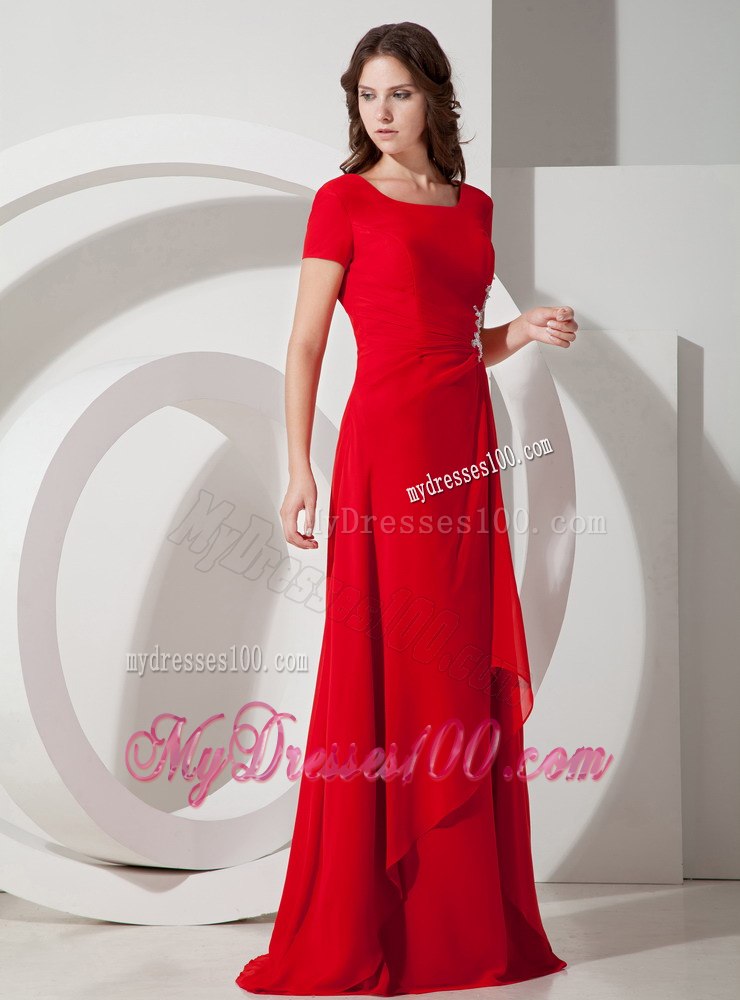 Square Neck Short Sleeves Red Mother Bride Dress with Appliques