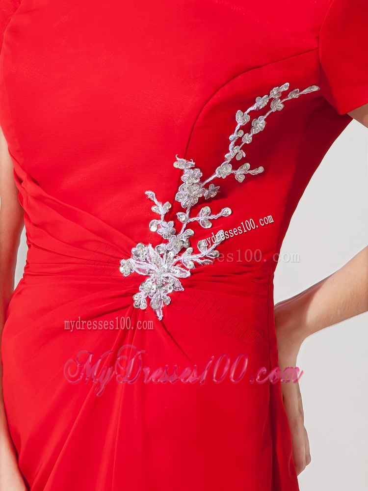 Square Neck Short Sleeves Red Mother Bride Dress with Appliques