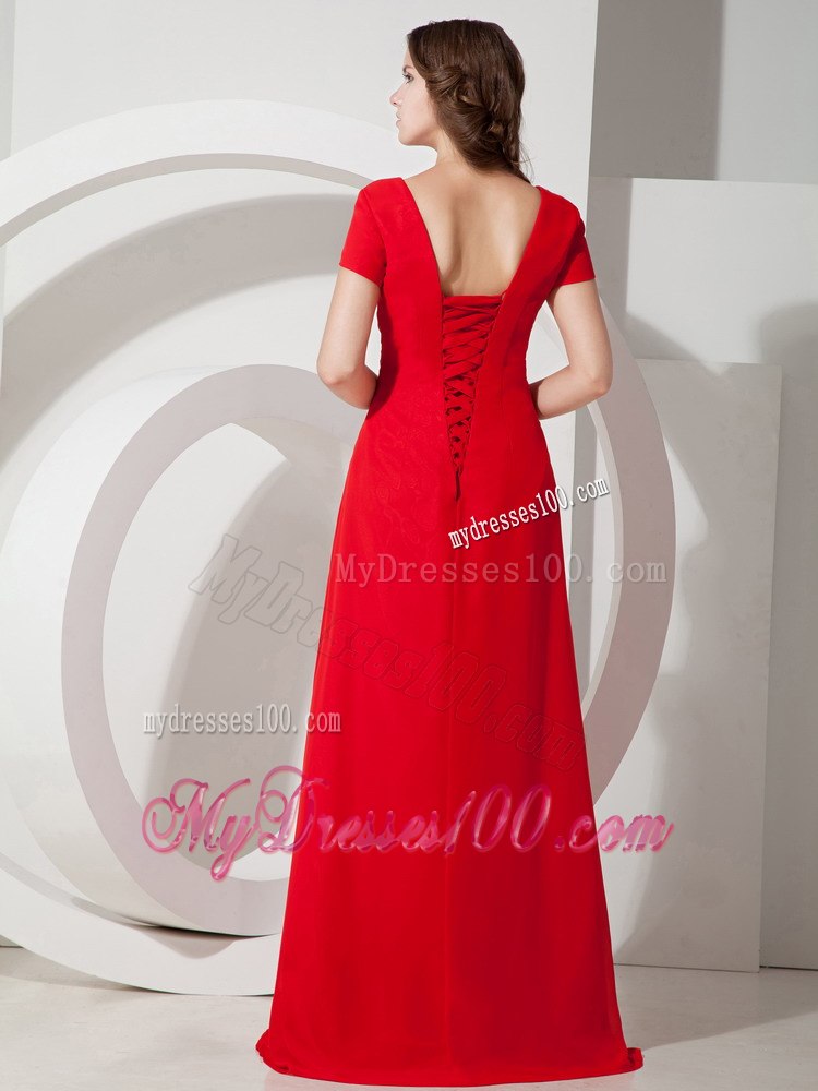 Square Neck Short Sleeves Red Mother Bride Dress with Appliques