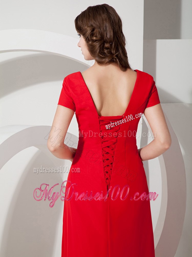 Square Neck Short Sleeves Red Mother Bride Dress with Appliques