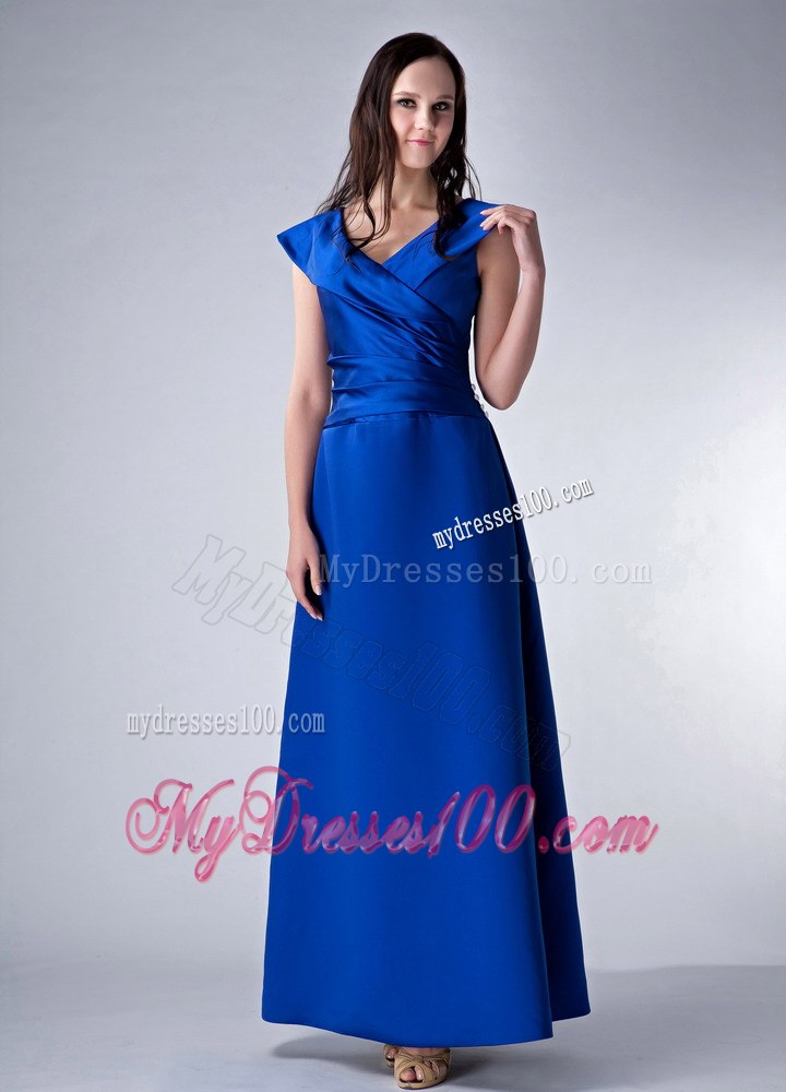 Princess V-neck Royal Blue Ankle-length Mother Bride Dress