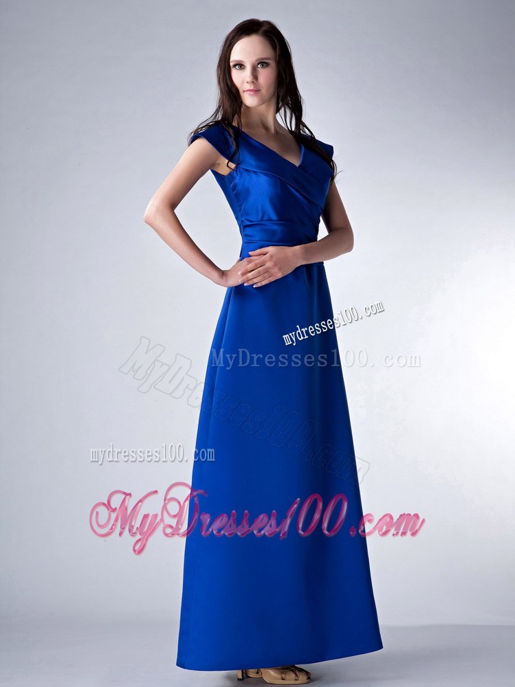 Princess V-neck Royal Blue Ankle-length Mother Bride Dress