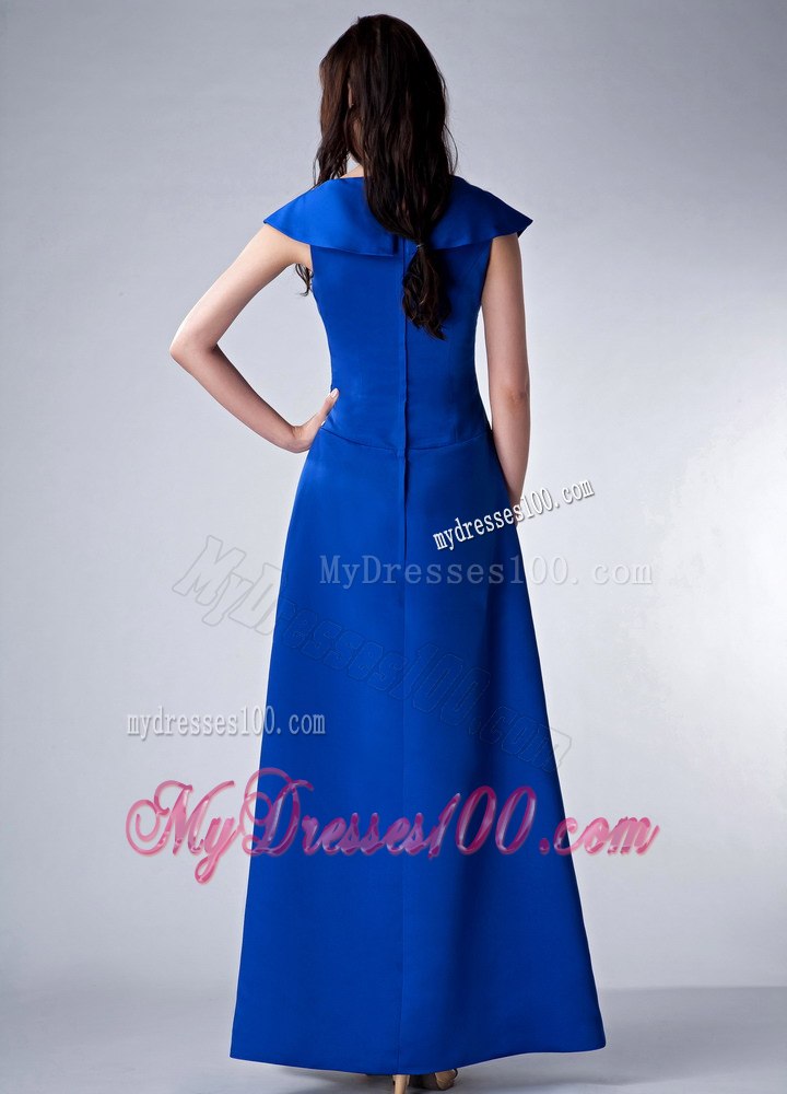Princess V-neck Royal Blue Ankle-length Mother Bride Dress