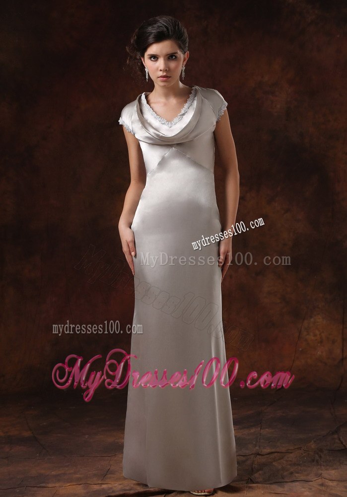 Cap Sleeves Drapped Neck Column Silver Mothers Dresses For Weddings