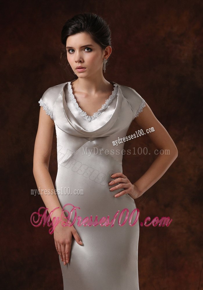 Cap Sleeves Drapped Neck Column Silver Mothers Dresses For Weddings