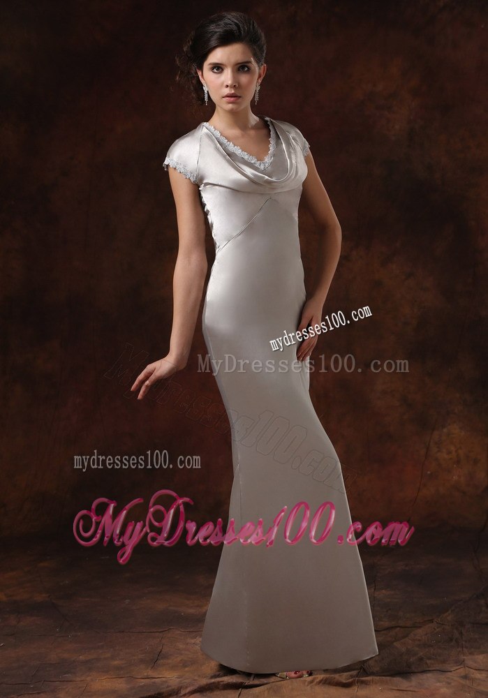 Cap Sleeves Drapped Neck Column Silver Mothers Dresses For Weddings