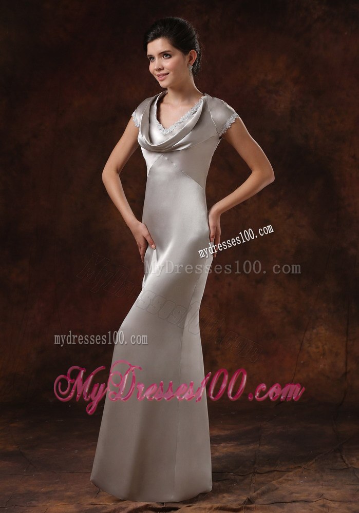 Cap Sleeves Drapped Neck Column Silver Mothers Dresses For Weddings