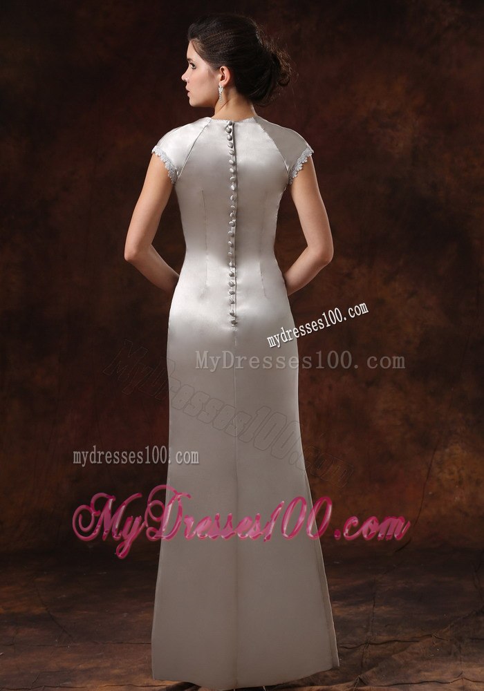 Cap Sleeves Drapped Neck Column Silver Mothers Dresses For Weddings