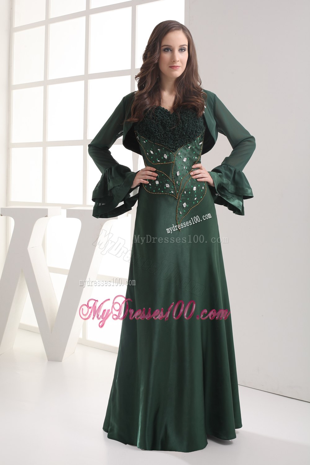 Floral Bust Jeweled Top Dark Green Mothers Dress with Straps