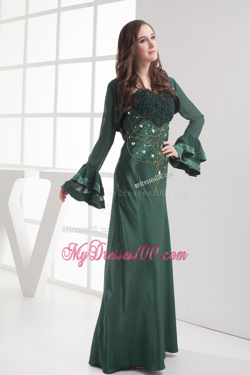 Floral Bust Jeweled Top Dark Green Mothers Dress with Straps
