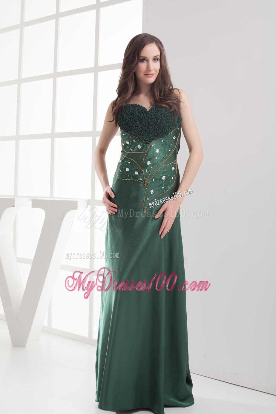 Floral Bust Jeweled Top Dark Green Mothers Dress with Straps