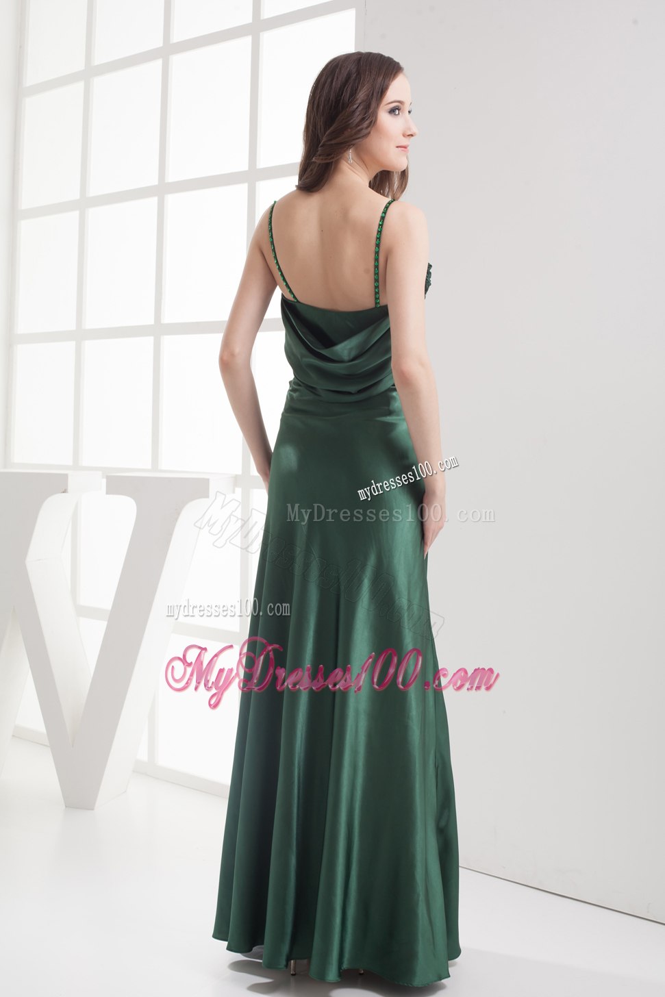 Floral Bust Jeweled Top Dark Green Mothers Dress with Straps